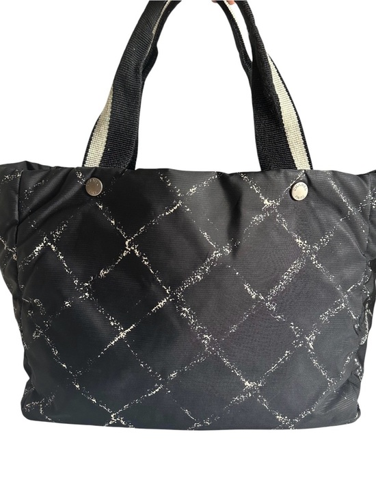 CHANEL | Bags | Chanel Old Travel Line Mm Black Nylon Tote Bag Red ...